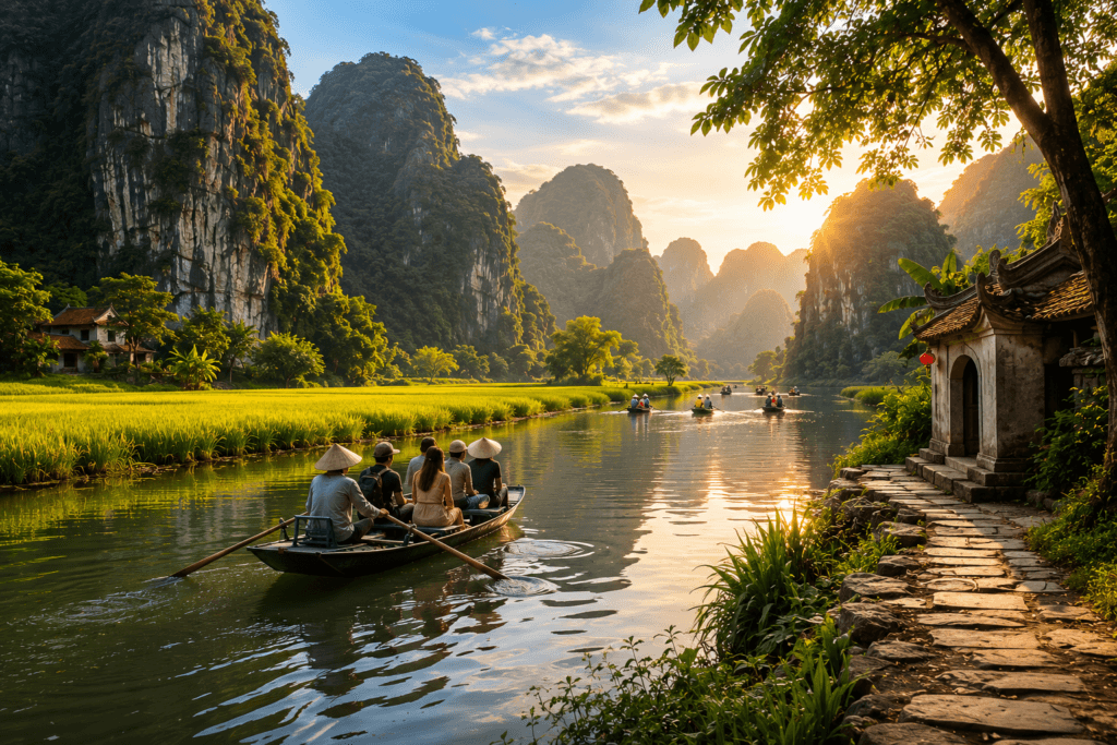 Ninh Binh river boat ride in Vietnam with limestone mountains, rice fields, temple gate, calm water and morning light