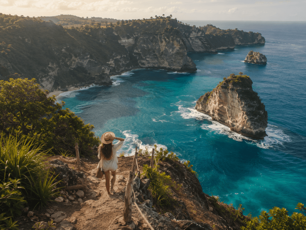 Nusa Penida style dramatic cliffs in Bali with turquoise water, rocky coastline, ocean viewpoint and traveler on a cliff path