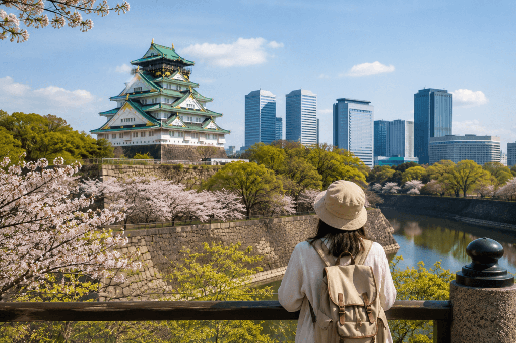 Osaka Castle in spring with cherry blossoms, green park scenery, modern city skyline and a traveler looking from a railing