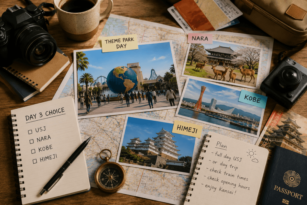 Osaka day trip planning flat lay with map, camera, notebook, coffee and travel photos suggesting a theme park, Nara, Kobe and Himeji