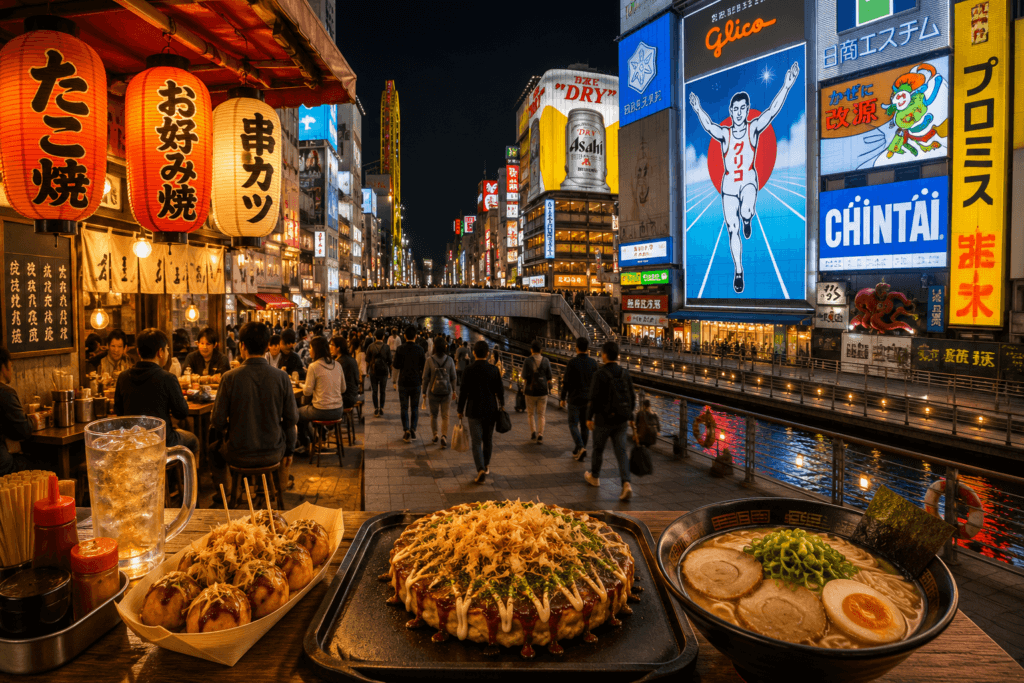 Osaka Dotonbori night street with canal, food table, takoyaki, okonomiyaki, ramen, neon lights and busy pedestrian area