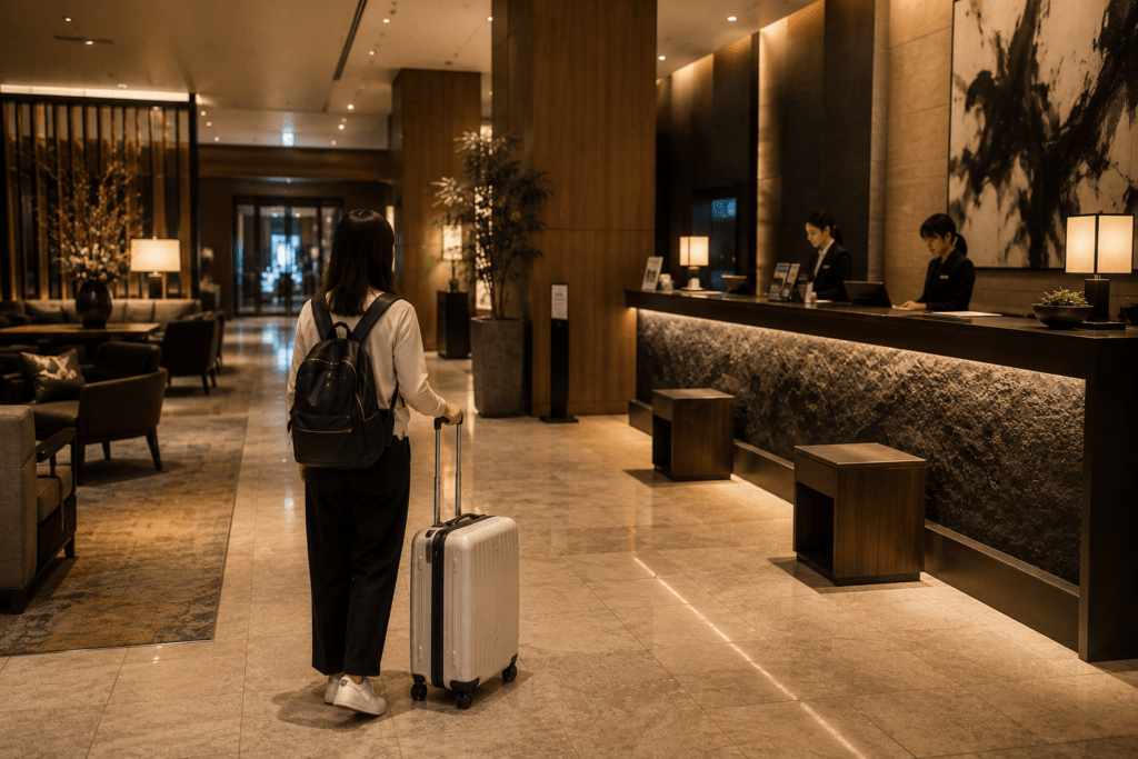 Traveler with suitcase walking through a warm modern Osaka hotel lobby toward reception after arriving from Kansai Airport
