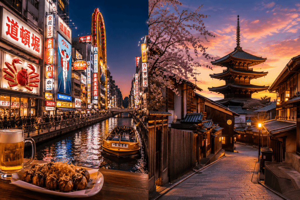 Split Japan travel scene with lively Osaka canal food district and quiet Kyoto traditional street with pagoda at sunset