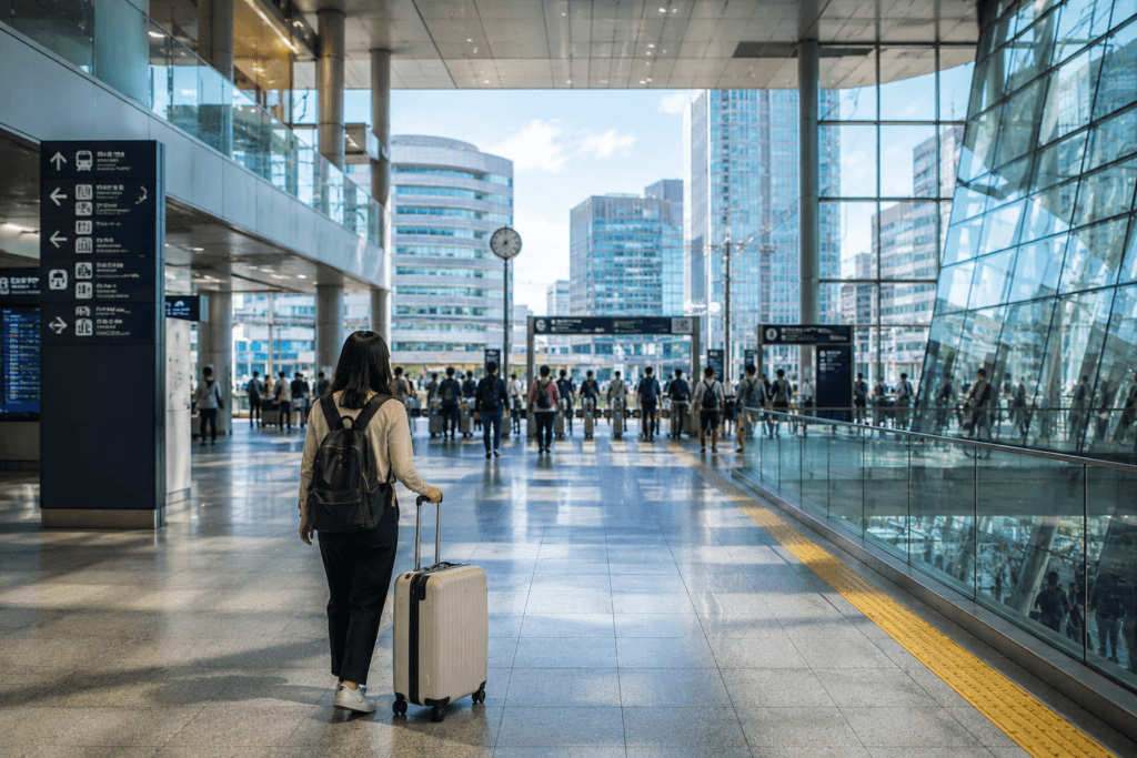 Modern Osaka Station or Umeda-style train station interior with glass windows, city skyline and a traveler pulling a suitcase
