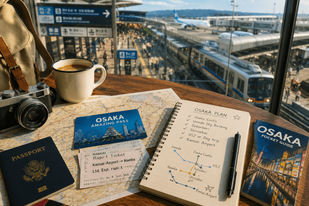 Osaka transport planning cafe scene with map, coffee, camera, passport, train ticket, luggage and a blurred airport or train terminal outside