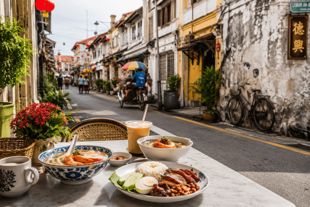 Penang George Town heritage street with colorful shophouses, street food, iced coffee, lanterns, rickshaw and travel notebook