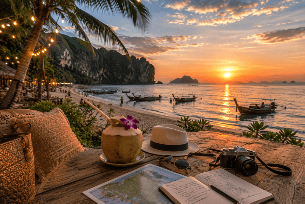 Phuket tropical beach sunset with longtail boats, palm trees, coconut drink, travel notebook, camera and calm sea