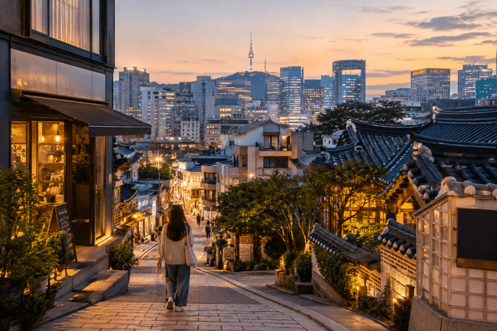 Seoul city street at dusk with hanok rooftops, modern skyline, warm cafe lights and N Seoul Tower in the distance