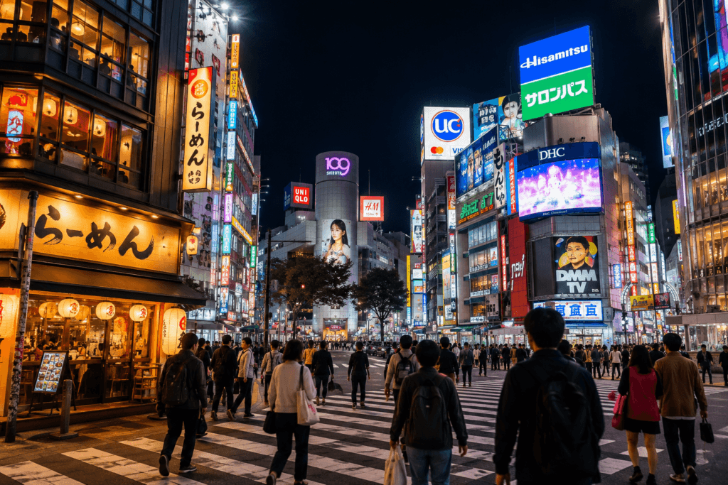 Tokyo night street with neon lights, busy crossing, ramen shop, crowds and modern city energy