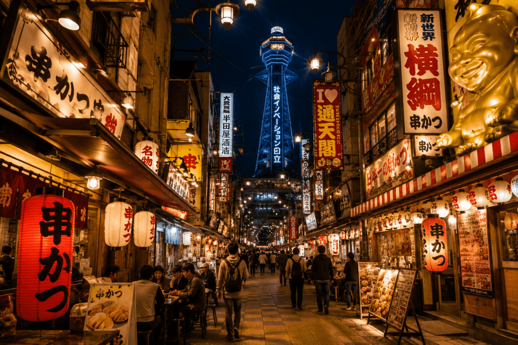 Shinsekai-style Osaka retro food street at night with lanterns, restaurants, pedestrians and a Tsutenkaku-like tower in the background