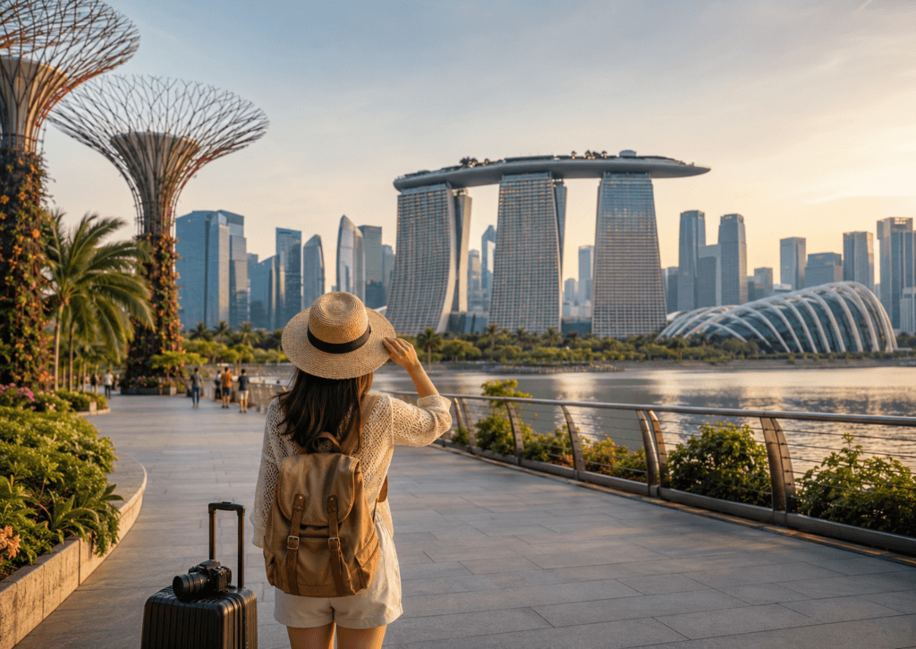 Singapore city skyline with Gardens by the Bay, Marina Bay, waterfront walkway, traveler, suitcase and warm afternoon light