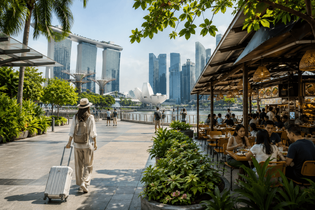 Beginner-friendly Asia travel scene with tropical city walkway, suitcase, waterfront skyline, greenery and outdoor dining