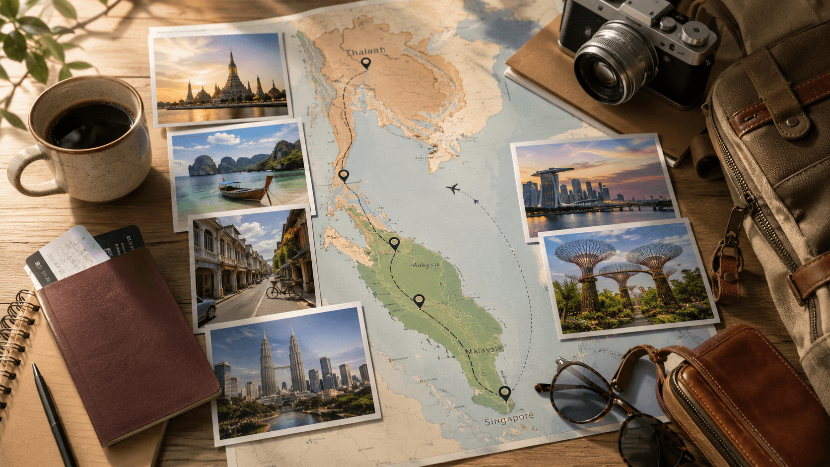 Singapore Malaysia Thailand itinerary planning map with route lines, camera, coffee, passport, backpack and travel photos