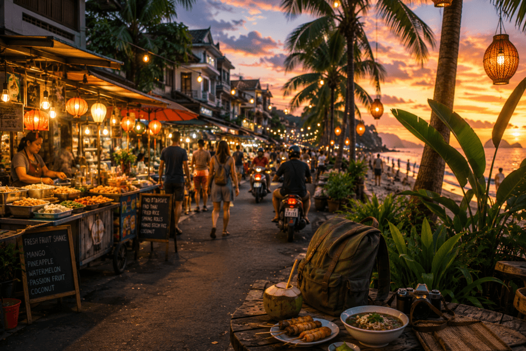 Southeast Asia travel scene with tropical street market, lanterns, scooters, beach sunset, backpack and local food