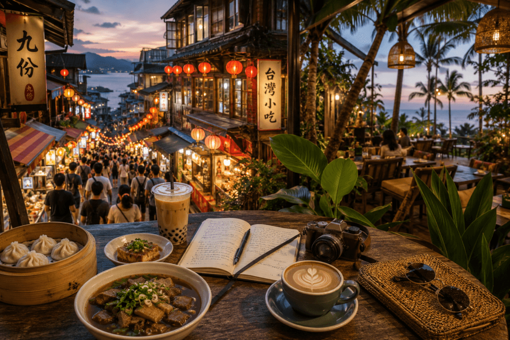 Asian night market and tropical cafe scene with bubble tea, dumplings, coffee, travel journal, lanterns and ocean view
