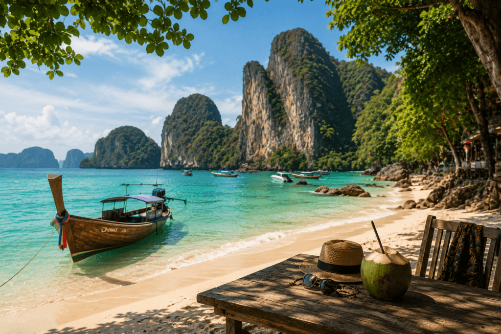 Thailand island beach with longtail boat, turquoise water, limestone cliffs, coconut drink, straw hat and sunny tropical scenery