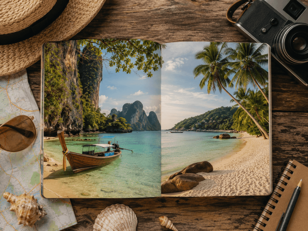 Thailand island coast choice travel planning scene with beach photos, map, camera, shells, sunglasses and tropical coast comparison