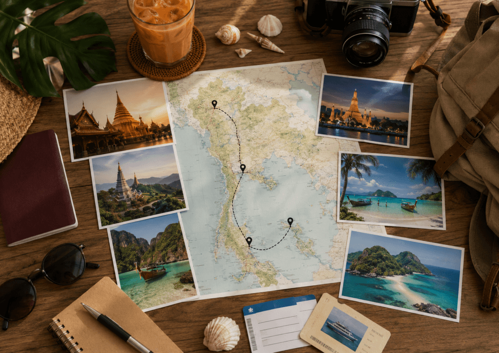 Thailand itinerary planning flat lay with route map, camera, iced Thai tea, passport, beach photos, temple photos and travel accessories