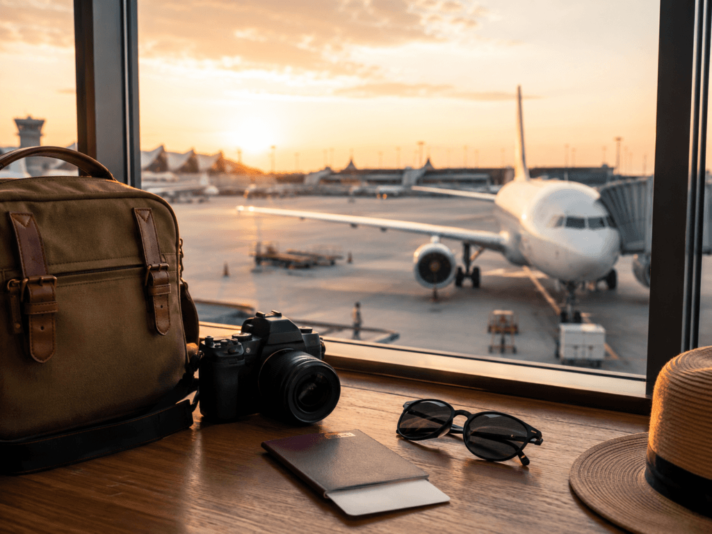 Airport terminal at sunset with airplane, travel backpack, camera, passport, sunglasses and hat for Thailand to Vietnam travel day