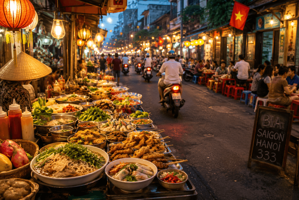 Busy Southeast Asian street food market with noodles, skewers, lanterns, scooters and evening lights representing Thailand and Vietnam travel