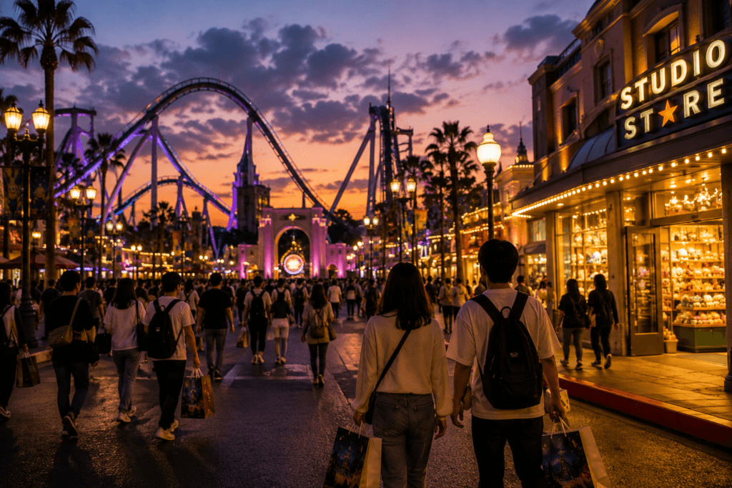 Evening theme park street with sunset sky, roller coaster, glowing shops, palm trees and visitors walking after a full park day