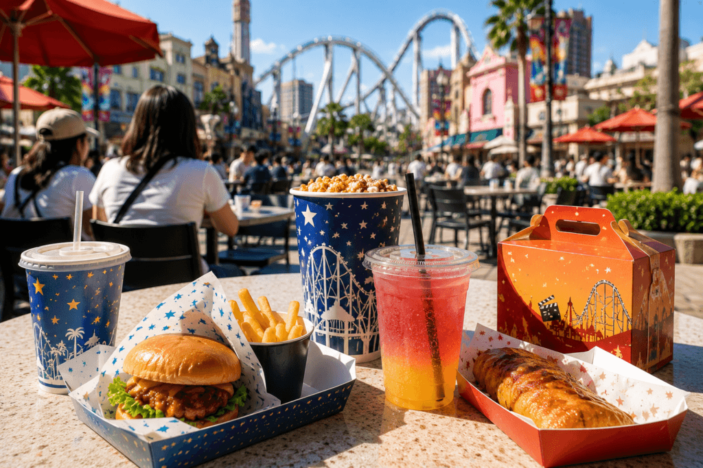 Theme park food rest break with burger, fries, popcorn, drinks and a sunny outdoor dining area with roller coaster in the background
