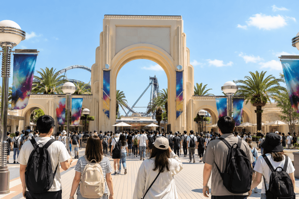 Morning theme park entrance with crowds walking toward a large archway, palm trees, banners and a roller coaster in the background