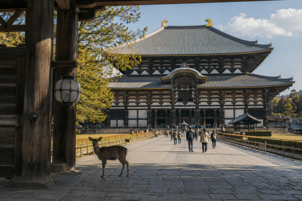 Todai-ji-style wooden temple hall in Nara with stone pathway, visitors walking and a deer near the temple gate