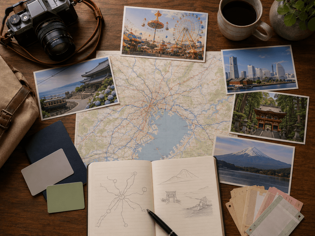 Tokyo day trip planning flat lay with map, notebook, coffee, camera, travel photos, transit cards and Mount Fuji photo