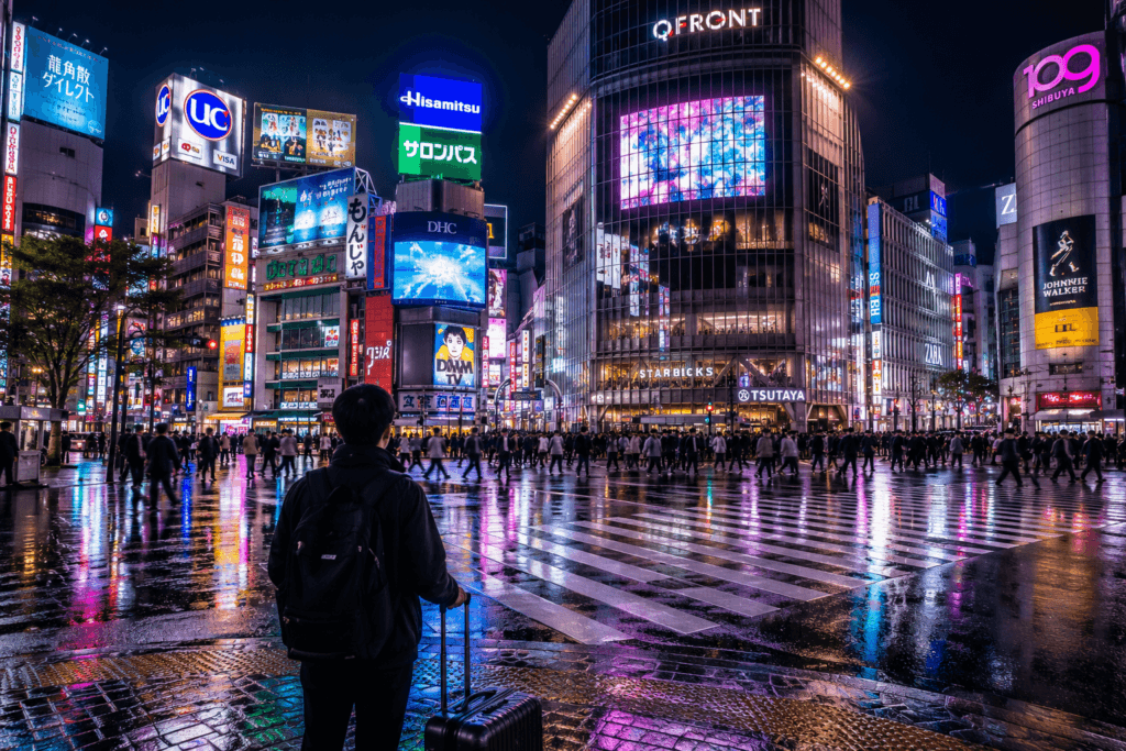 Tokyo night street scene with neon lights, busy crosswalk, wet pavement reflections, crowds and traveler with suitcase