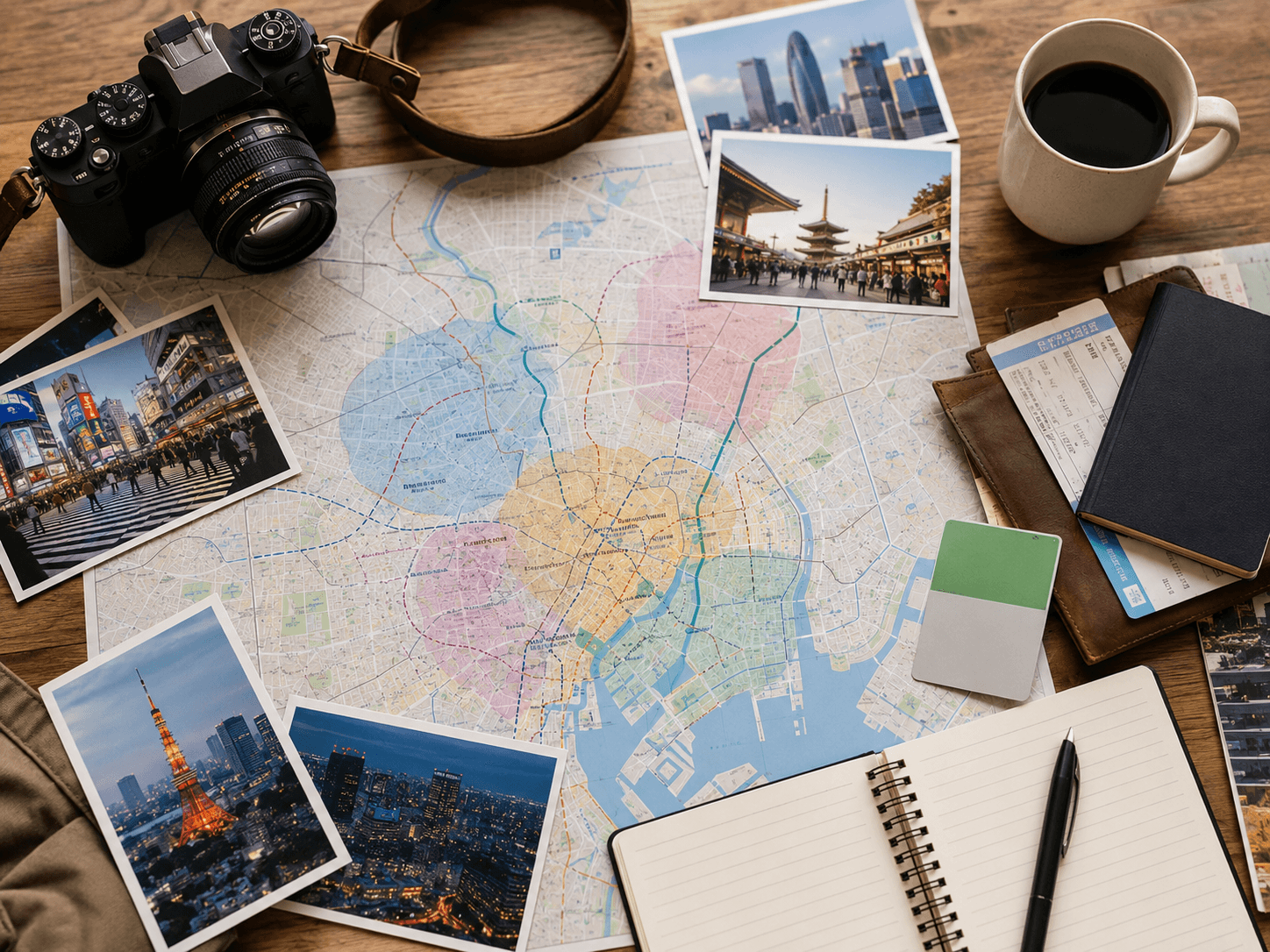 Tokyo itinerary planning flat lay with city map, camera, coffee, transit card, travel tickets and photos of Tokyo Tower, Asakusa, Shibuya and skyline views