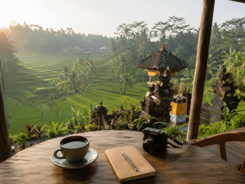 Ubud rice fields in Bali with morning light, tropical greenery, small temple, coffee cup, notebook and travel camera