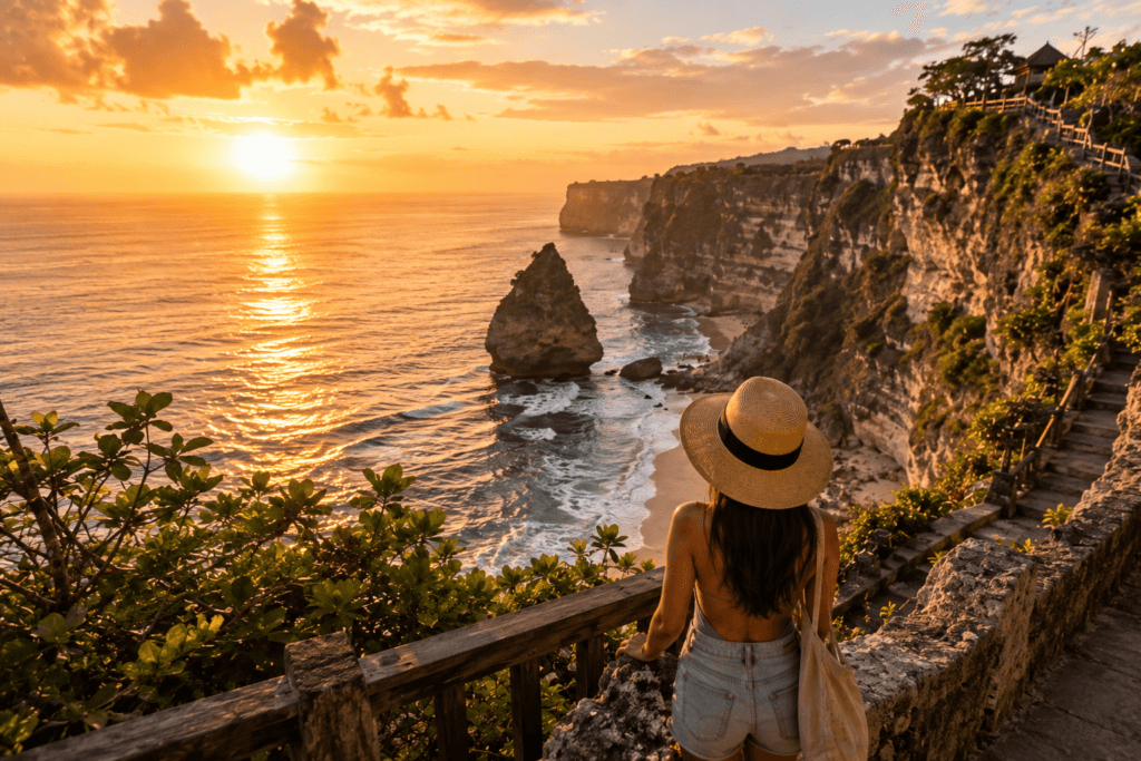 Uluwatu cliffs in Bali at sunset with ocean waves, beach, rocky coastline and traveler looking at the view