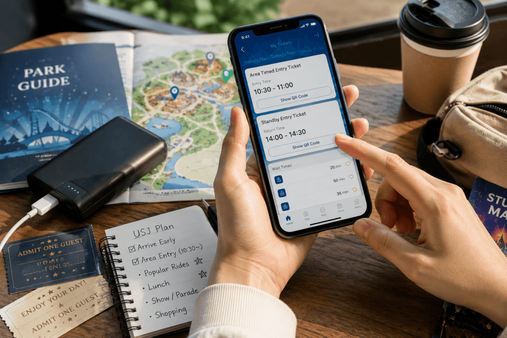 Theme park app planning scene with smartphone, timed entry tickets, power bank, notebook, coffee and park map on a wooden table