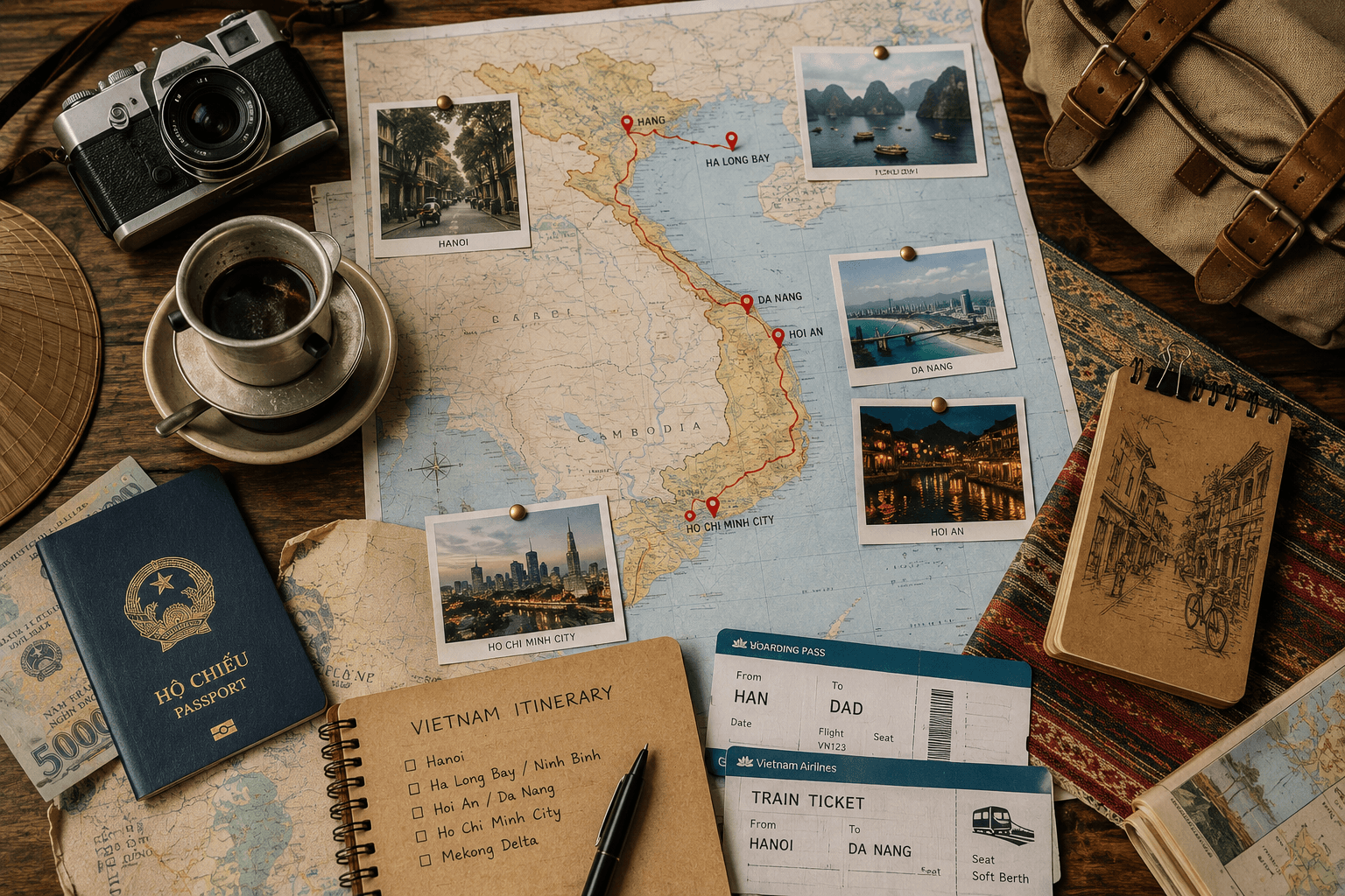 Vietnam itinerary planning flat lay with north to south route map, camera, passport, coffee, tickets and travel photos