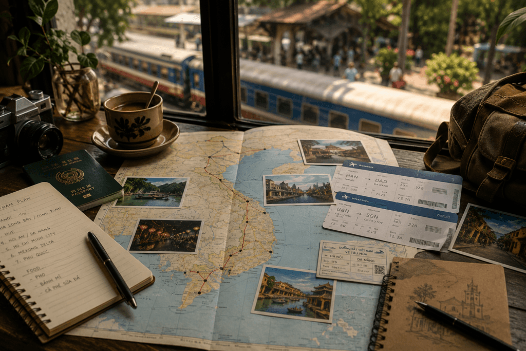 Vietnam route planning cafe table with map, train tickets, notebook, passport, coffee, camera, backpack and train station view