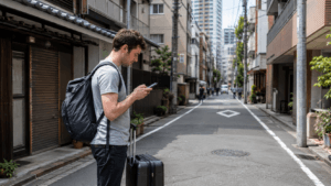 Traveler using a smartphone for directions on a quiet street in Tokyo