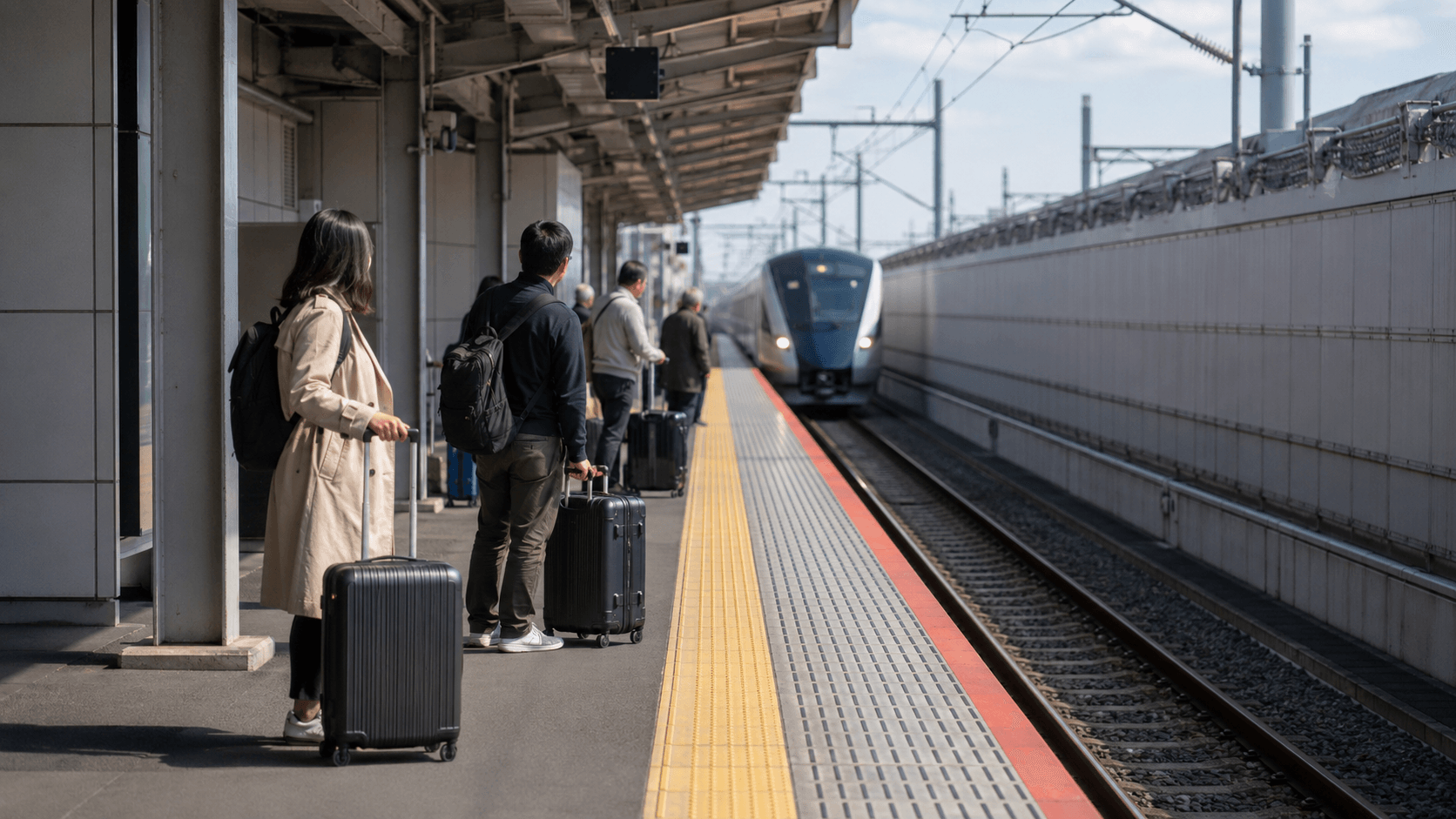 Travelers waiting with suitcases on a Narita Airport train platform
