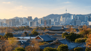 Traditional palace rooftops and the modern Seoul skyline for a Seoul itinerary