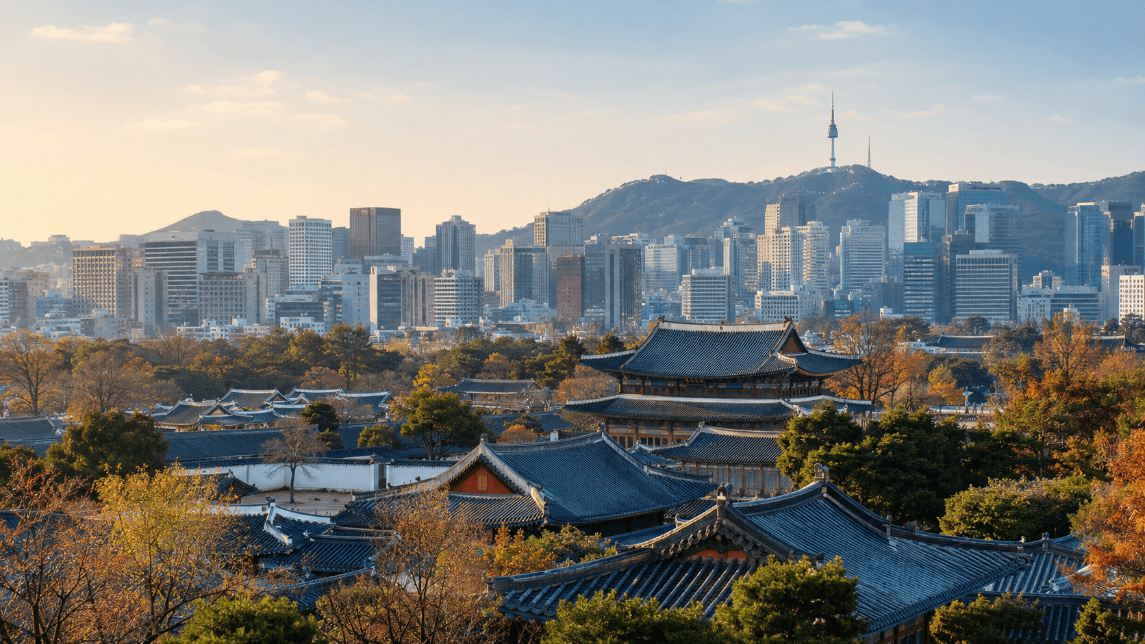 Traditional palace rooftops and the modern Seoul skyline for a Seoul itinerary