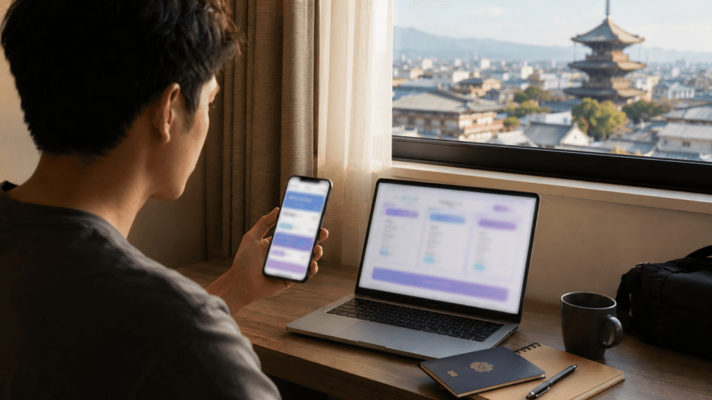 Traveler comparing Japan eSIM data plans on a smartphone and laptop