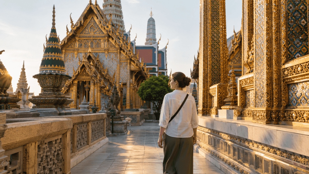 Traveler walking respectfully through the Grand Palace complex in Bangkok