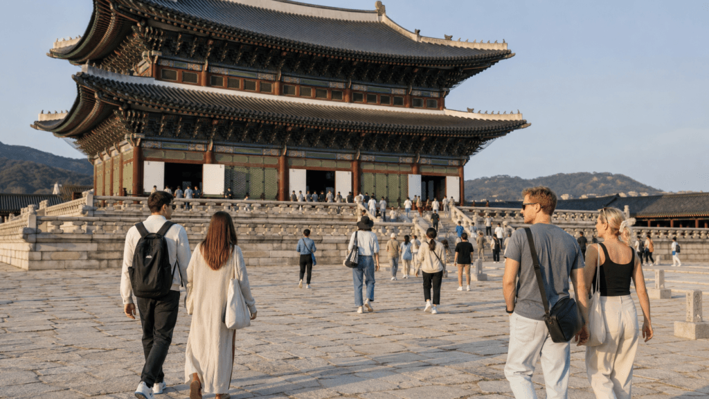 International travelers walking through Gyeongbokgung Palace in Seoul