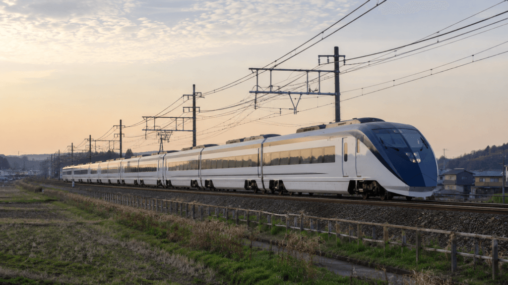 Airport express train traveling from Narita Airport toward Tokyo