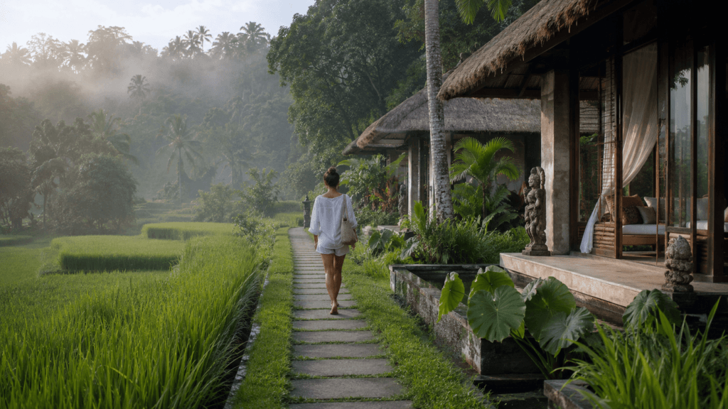 Traveler walking beside a villa surrounded by green rice fields near Ubud, Bali