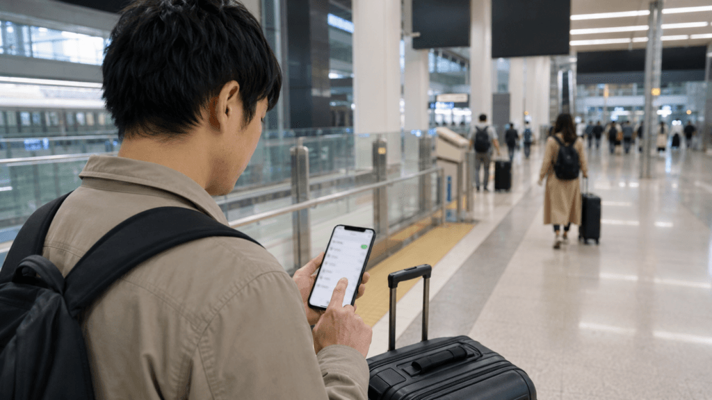 Traveler activating a Japan eSIM on a smartphone at the airport