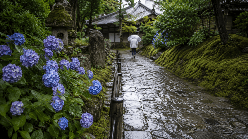 Hydrangeas and wet stone path at a Japanese temple during rainy season