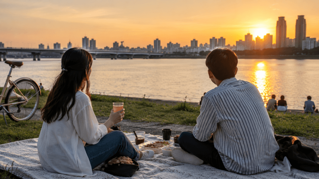Travelers having a sunset picnic beside the Han River at Mangwon Hangang Park