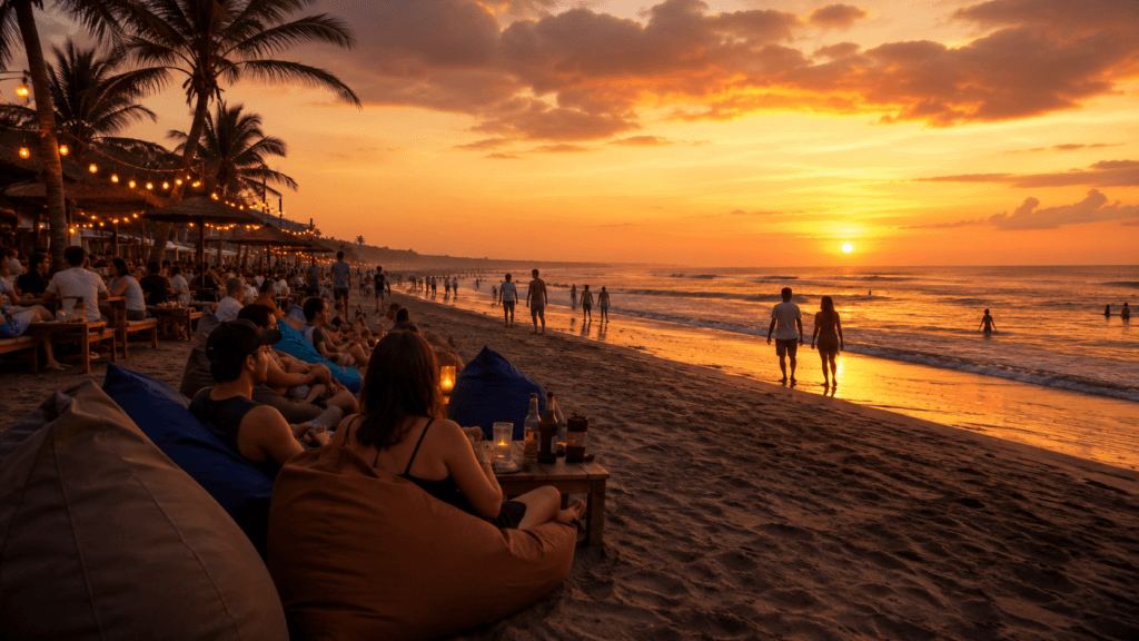 Travelers relaxing on Seminyak Beach during a colorful Bali sunset