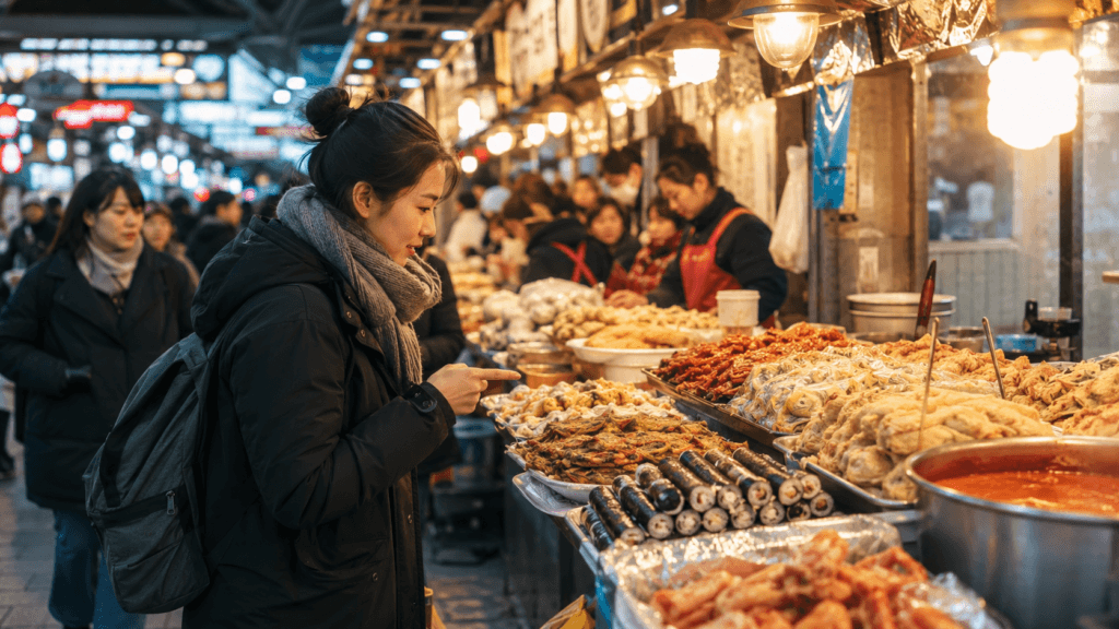 Traveler choosing Korean street food at a traditional market in Seoul